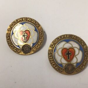 Vintage Lutheran Church Sunday School Pins with Heart & Cross 3 & 7 year 10k gf